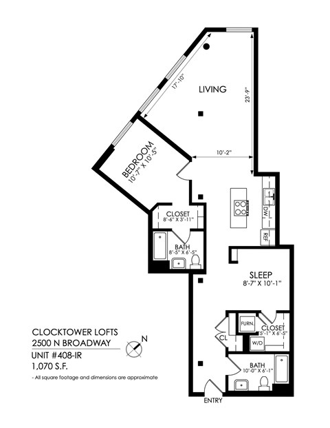 Floor plan for 2 beds, 2 baths, 1070 sqft